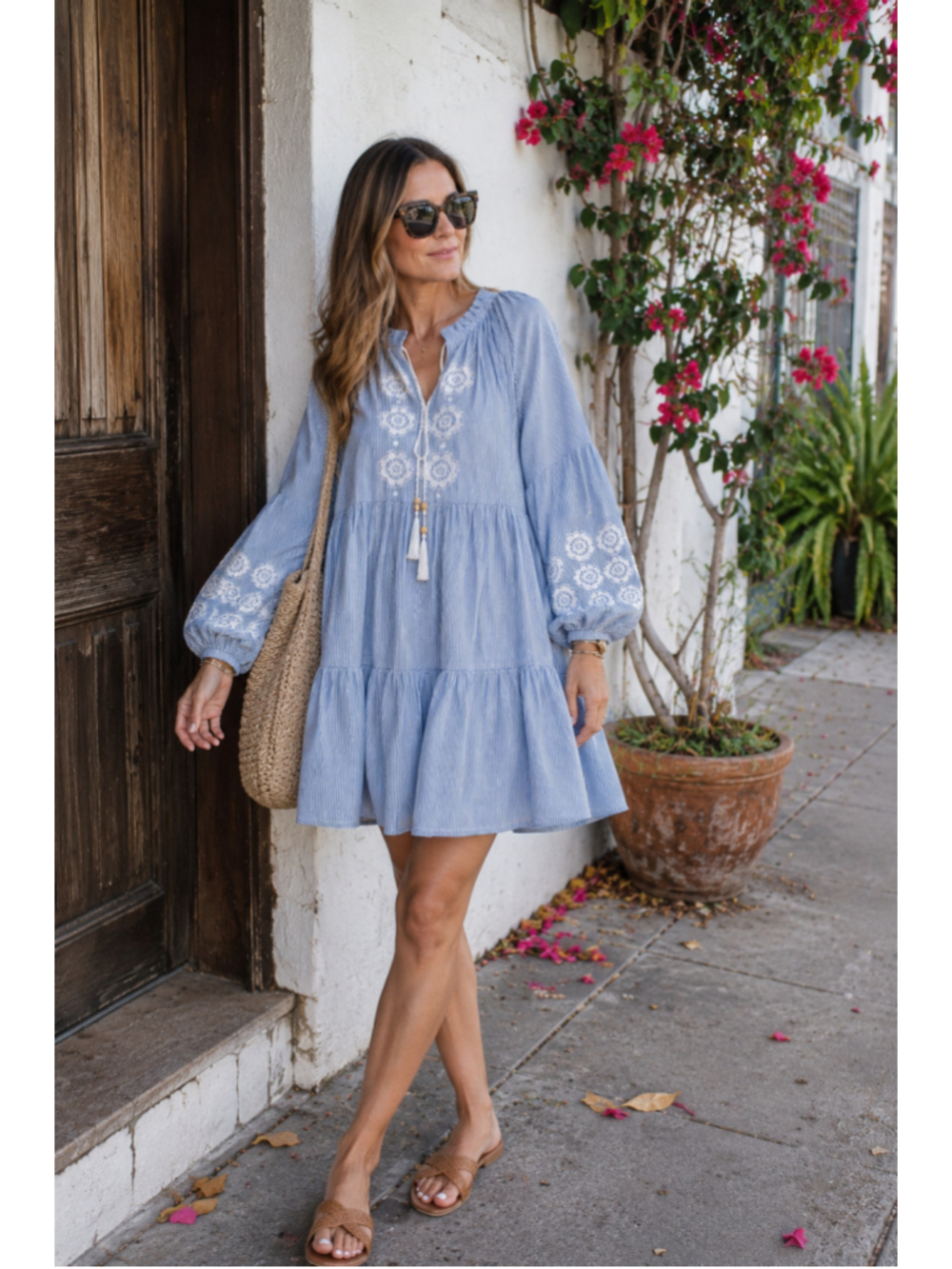 Tuckernuck Blue Printed Linen Stripe Mini Embroidered Poppy Cover-Up Dress Mediu
